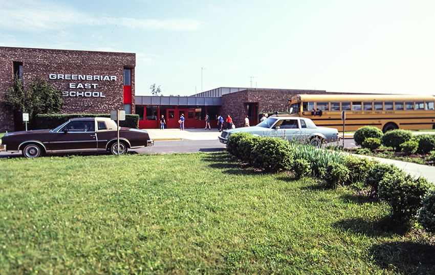 Color photograph of the front entrance of Greenbriar East Elementary School taken on 35-millimeter slide film in the early 1980s.