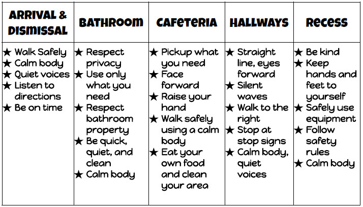 Give me five table of behavior expectations